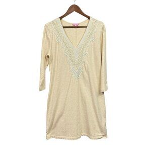 Lilly Pulitzer Clarkson Dress Heathered Camel Size L Large 3/4 Sleeve